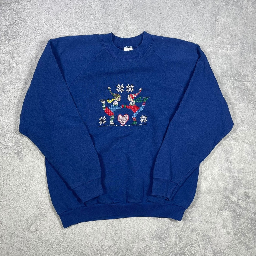 Fruit of the Loom Sweatshirt Unisex L Blue Ice Skaters Cross Stitch Vintage USA